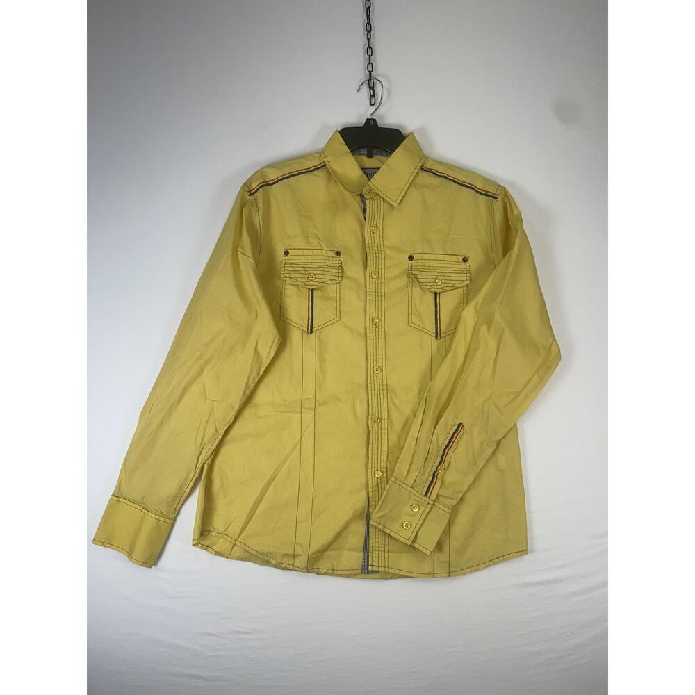DE NIKO Shirt Mens XL Yellow Long Sleeve Button Up Pockets Casual Cotton